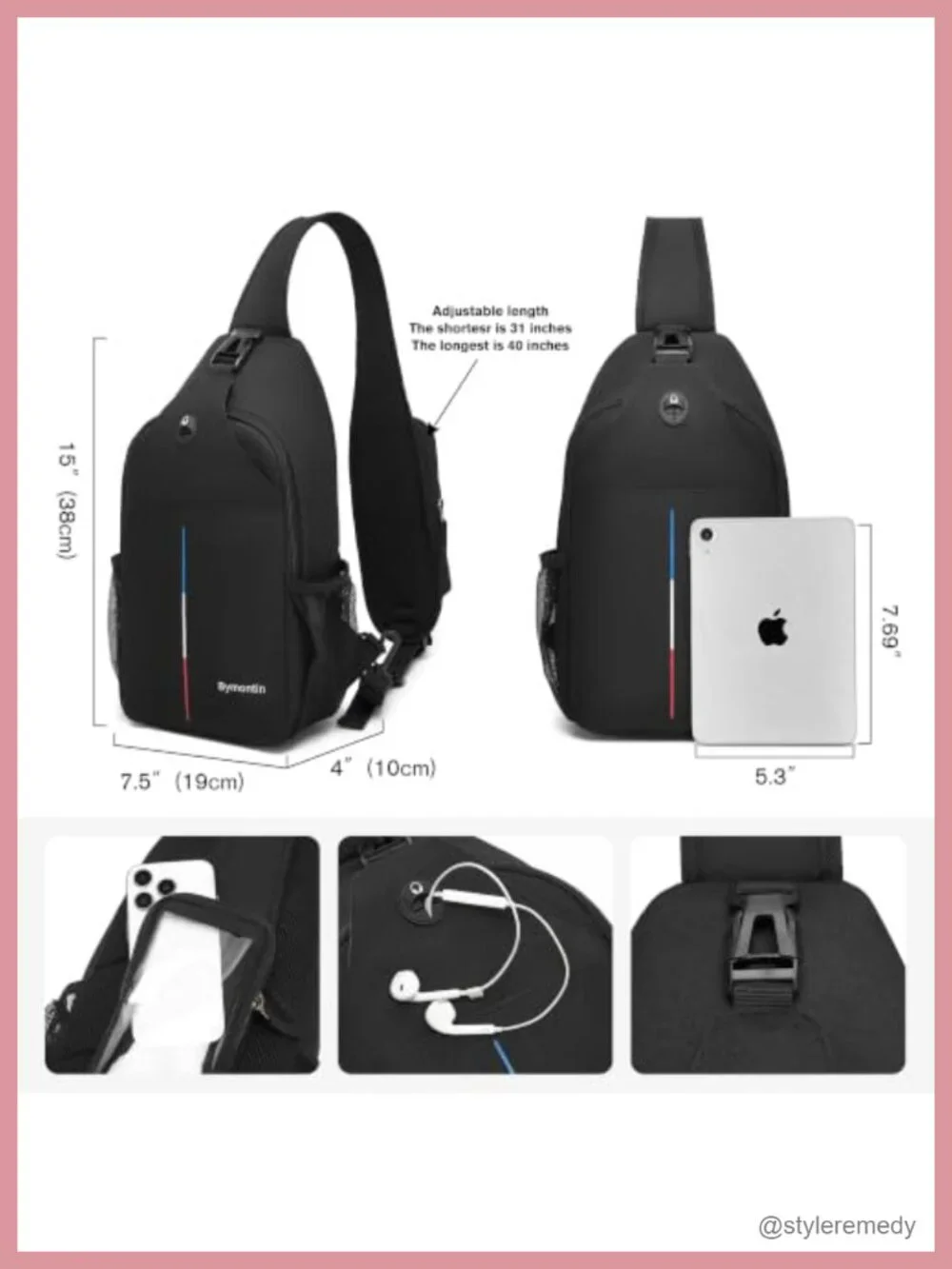 Crossbody Sling Backpack with Touch Screen Phone Pocket, Chest Bag for